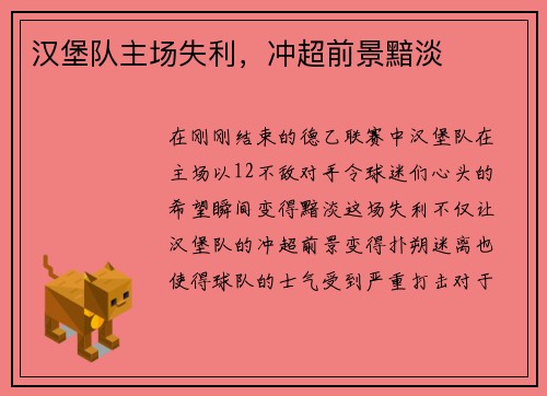 汉堡队主场失利，冲超前景黯淡