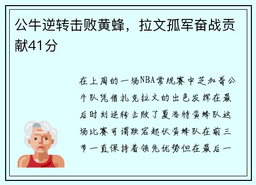 公牛逆转击败黄蜂，拉文孤军奋战贡献41分
